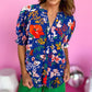 Royal Blue Floral Smocked Sleeve Blouse
