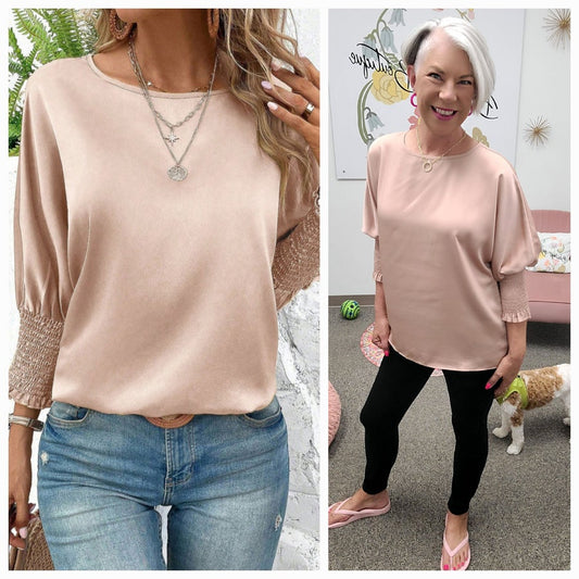Rose Gold Satin Smocked Sleeve Tunic Top