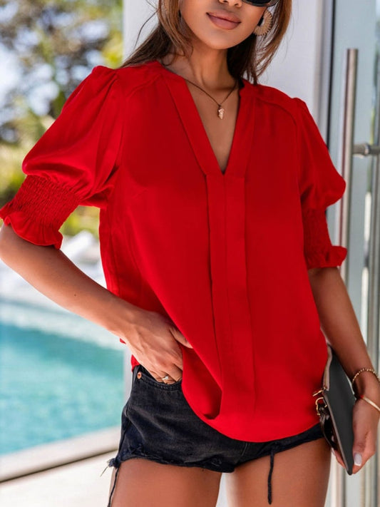 Red Smocked Sleeve Blouse