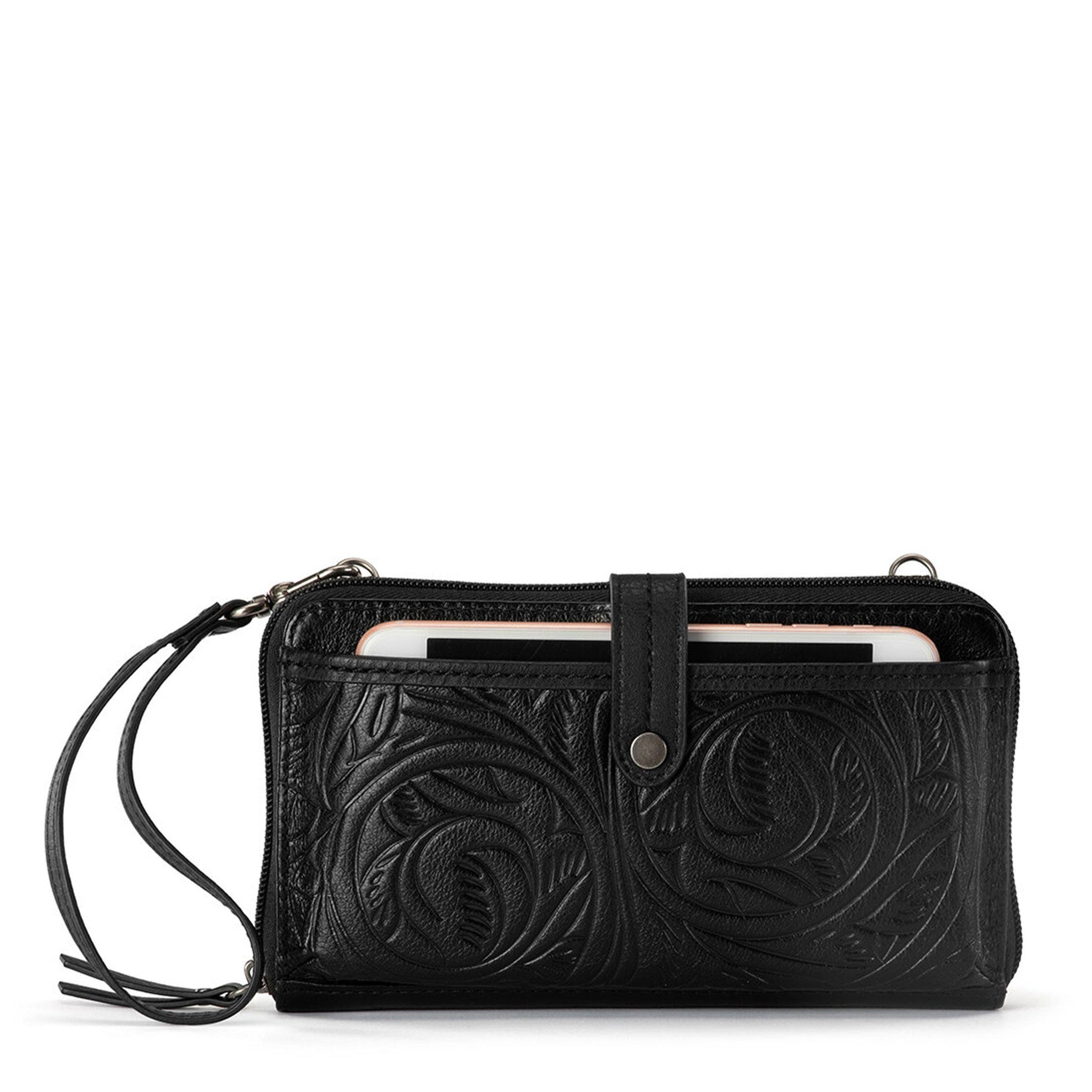 Iris Large Smartphone Crossbody Black Leaf Embossed