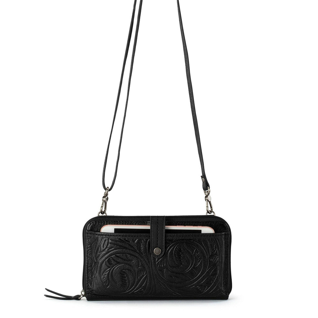 Iris Large Smartphone Crossbody Black Leaf Embossed