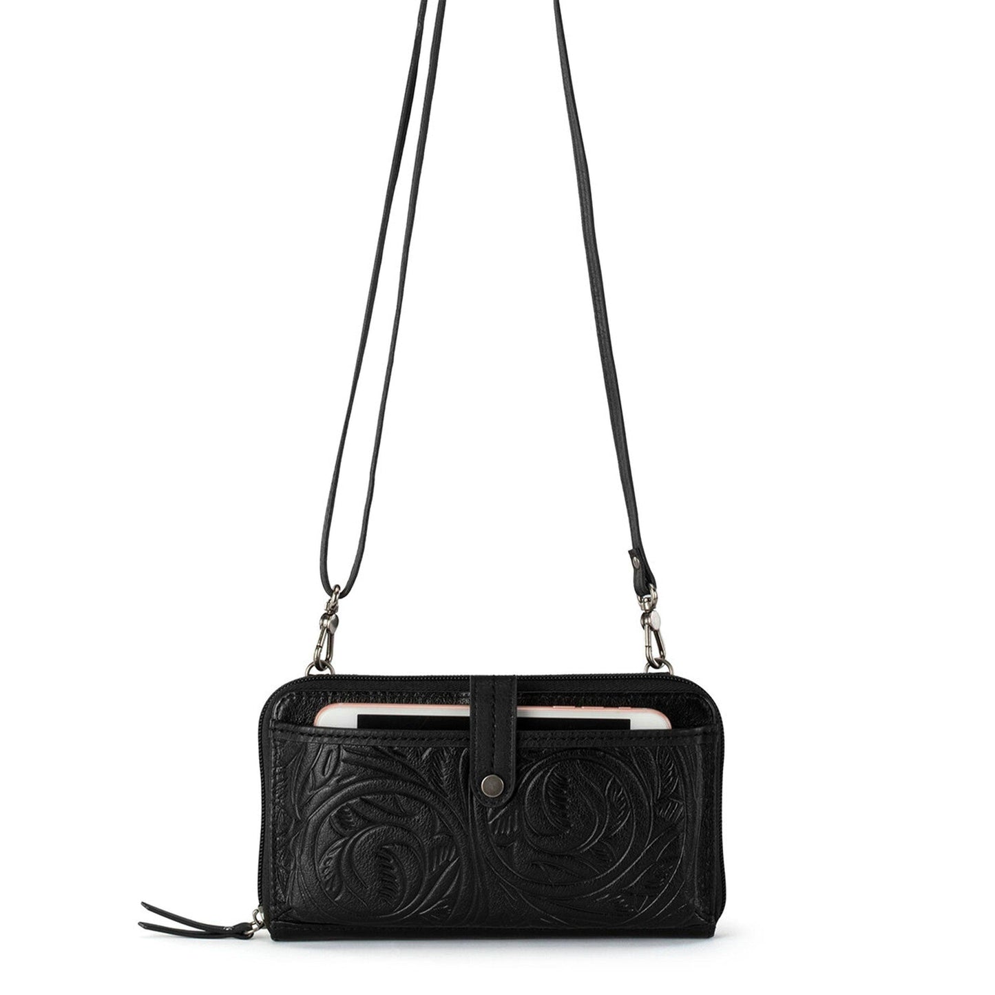 Iris Large Smartphone Crossbody Black Leaf Embossed