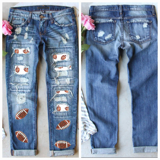 Football Sequin Patch Game Day Jeans