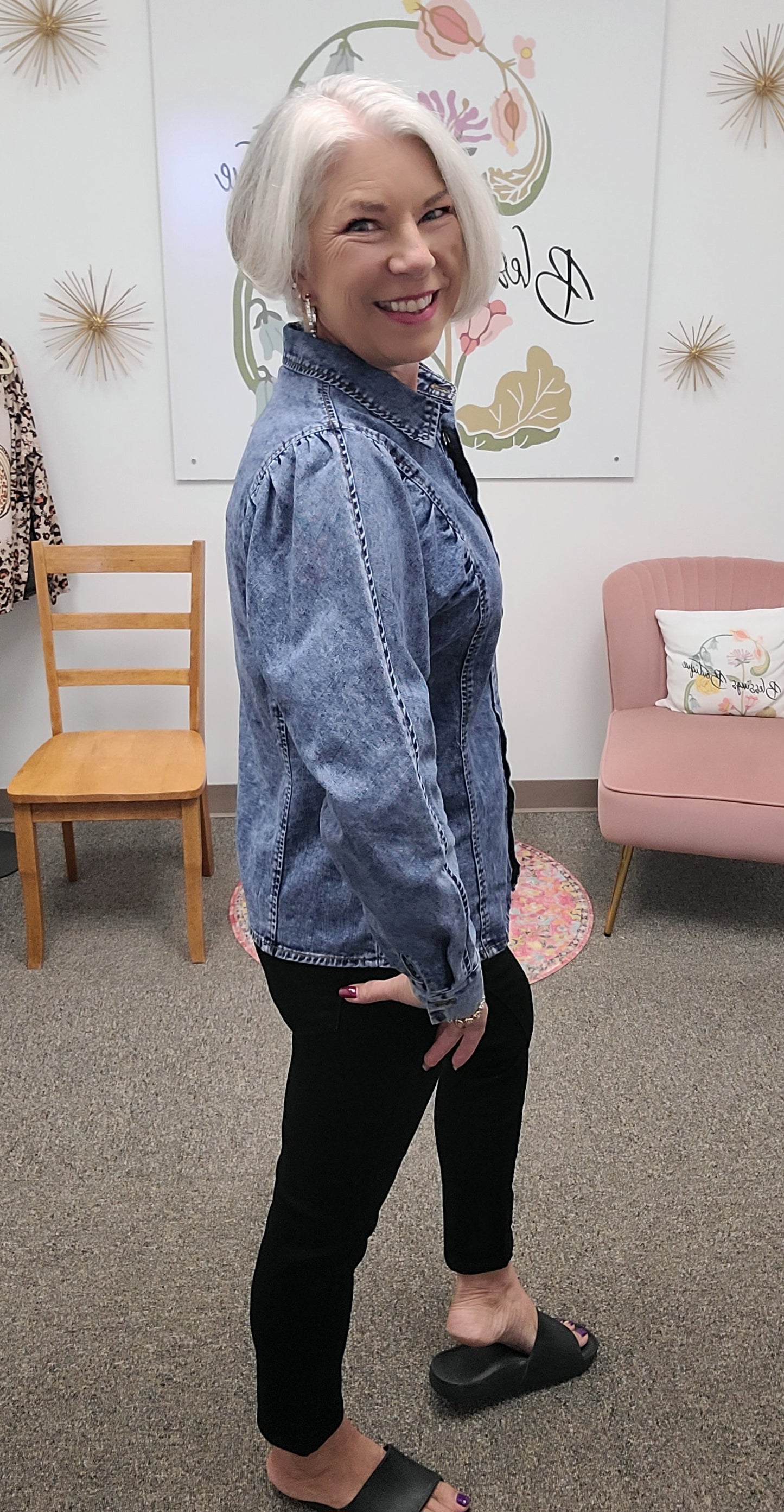 Pleated Sleeve Denim Top Blue