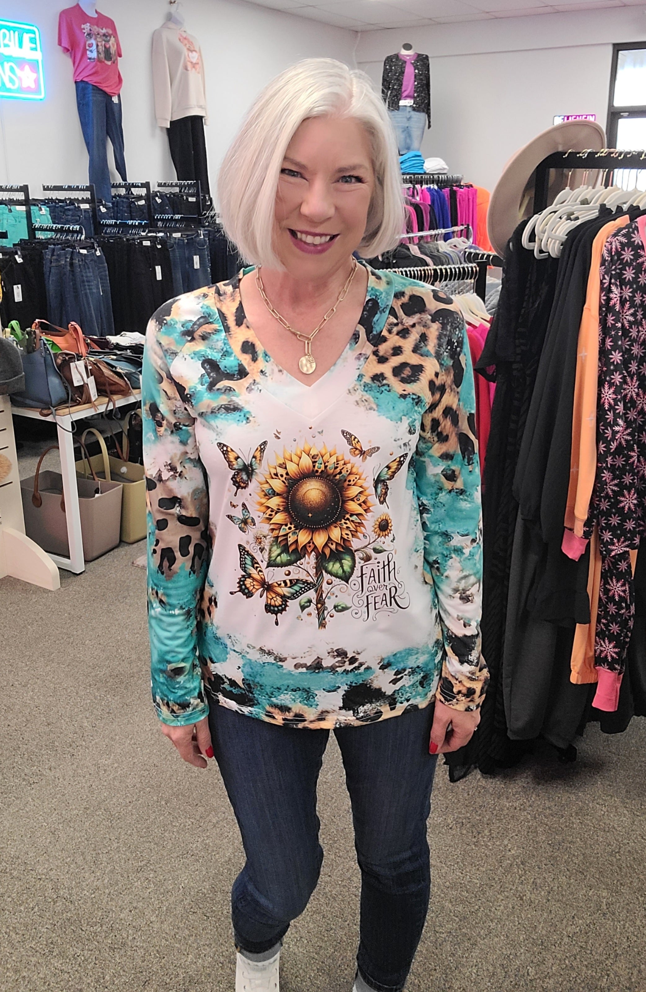 Faith Over Fear Sunflower Aqua Leopard Top