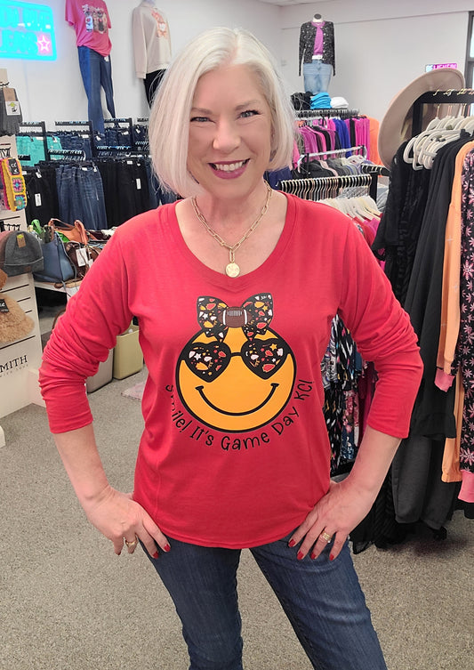 Smile It's Game Day LS V-Neck Tee
