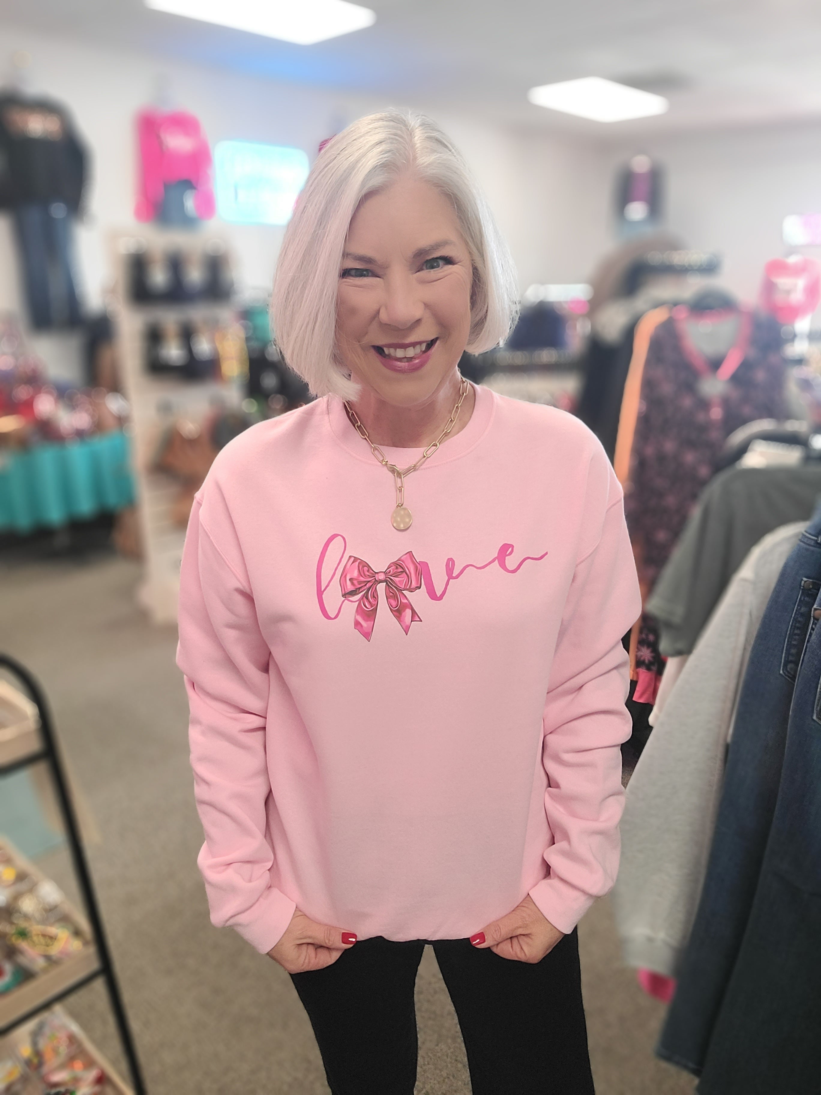 Love Satin Bow Sweatshirt Pink