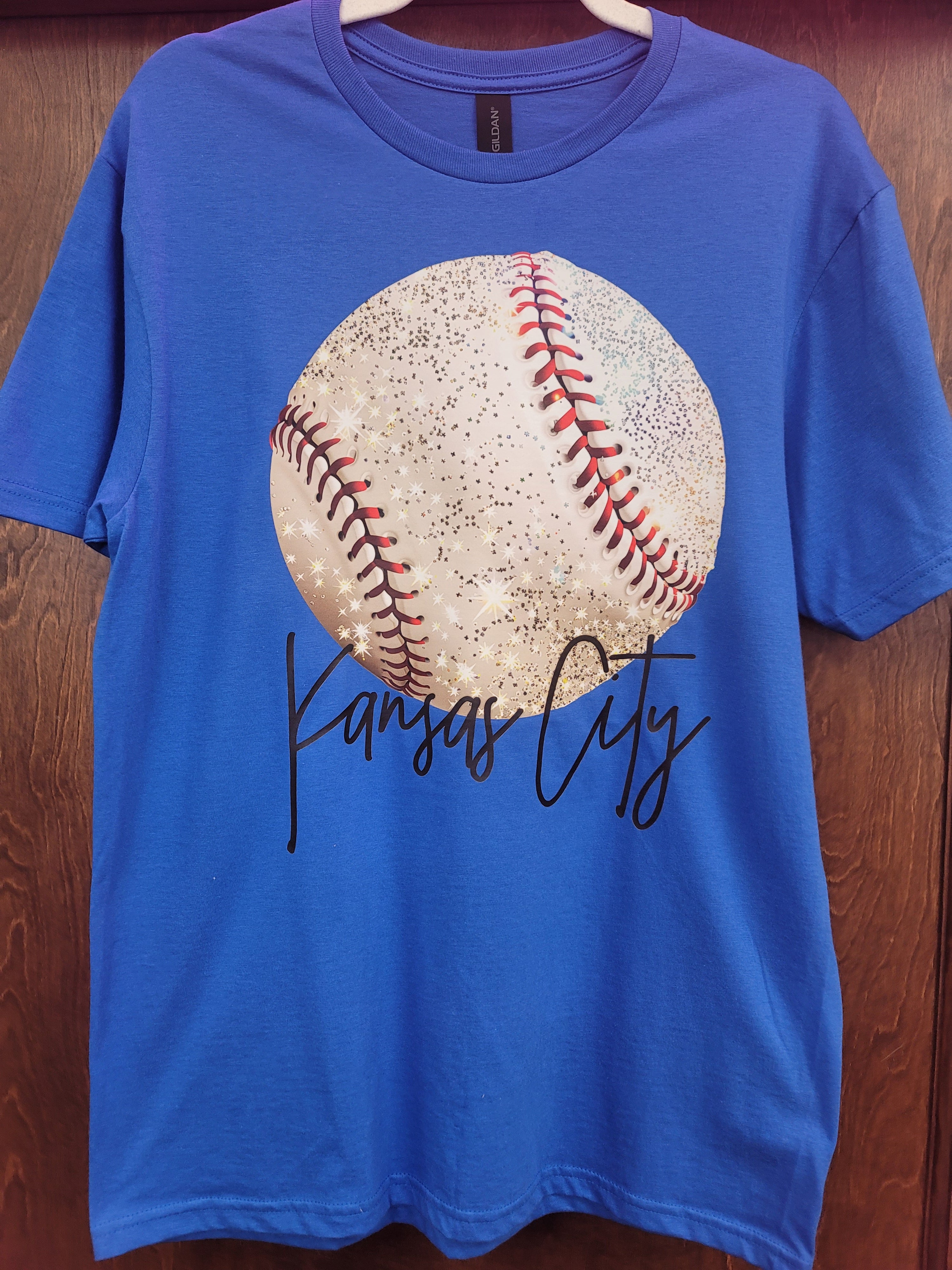 Faux Glitter Baseball KC Script SS Tee