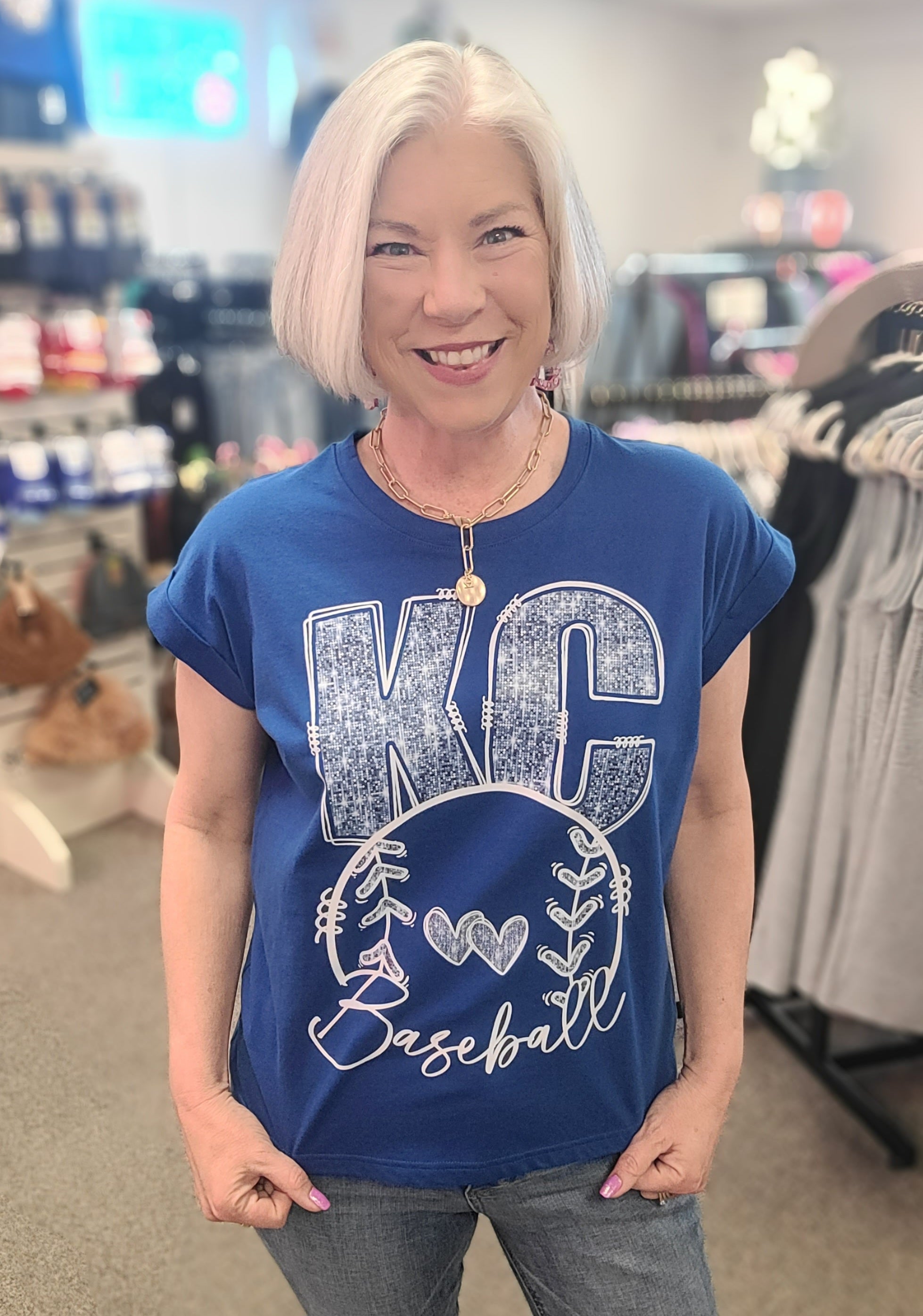 Roll Sleeve Royal Tee Faux Glitter KC Baseball