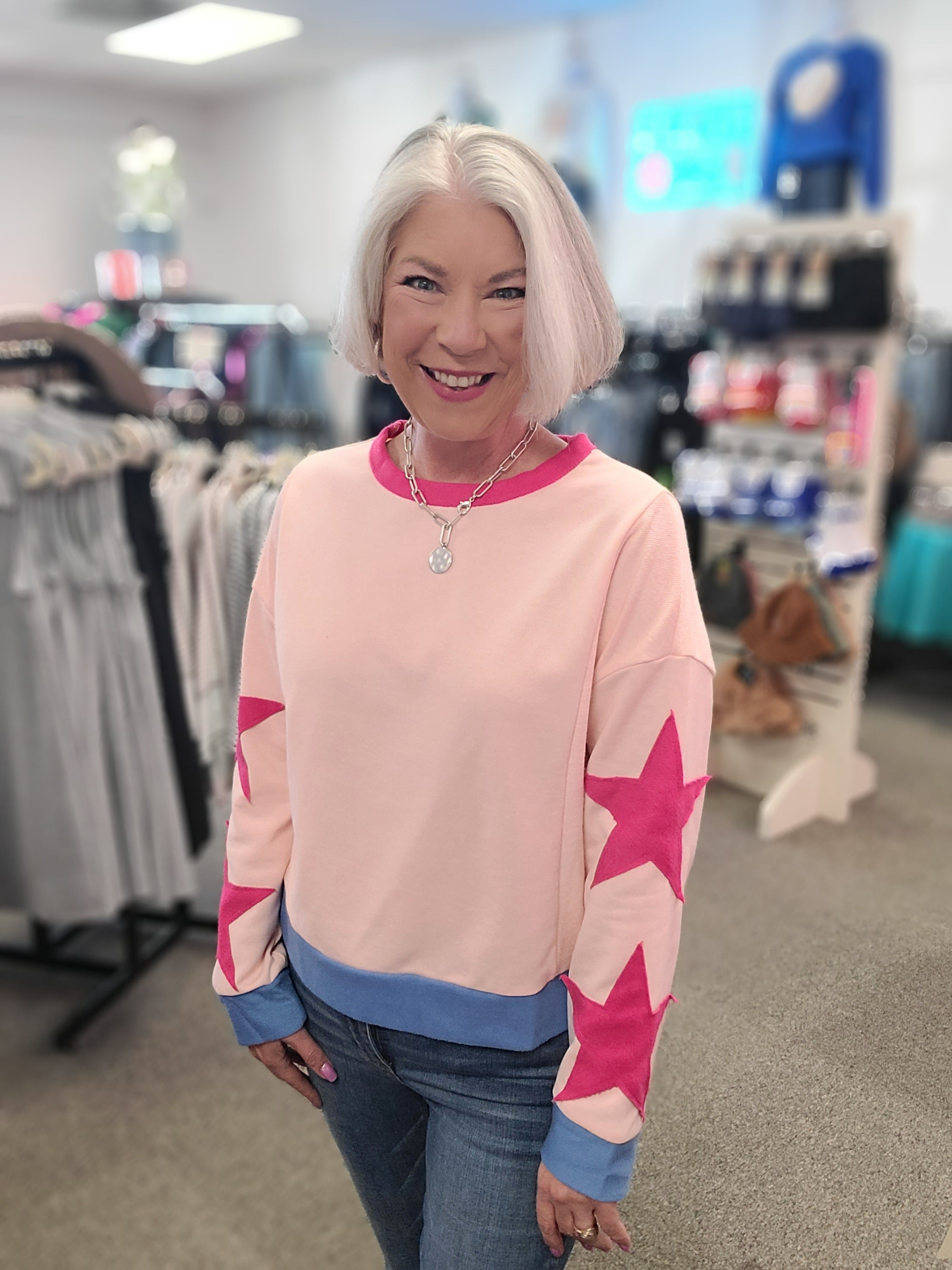 Star Patchwork Pink French Terry Pullover