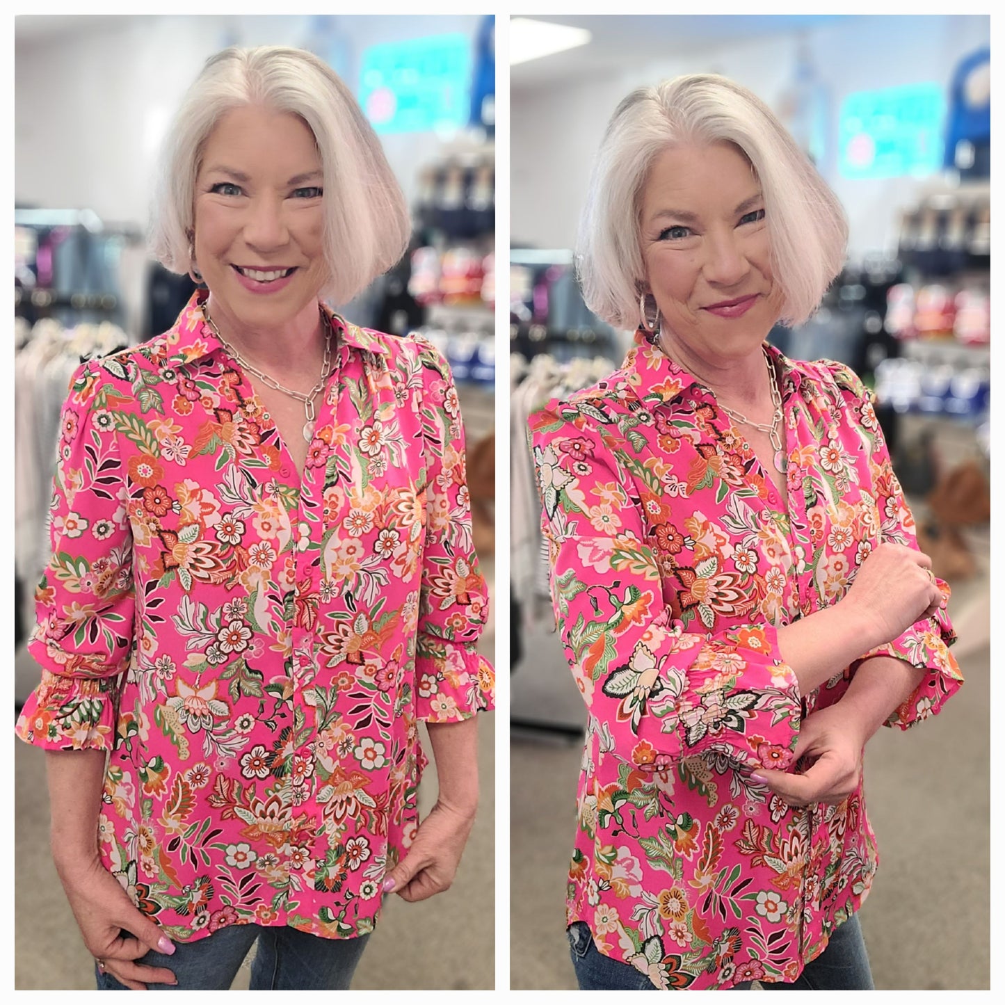 Vintage Floral Pink Smocked Sleeve Blouse