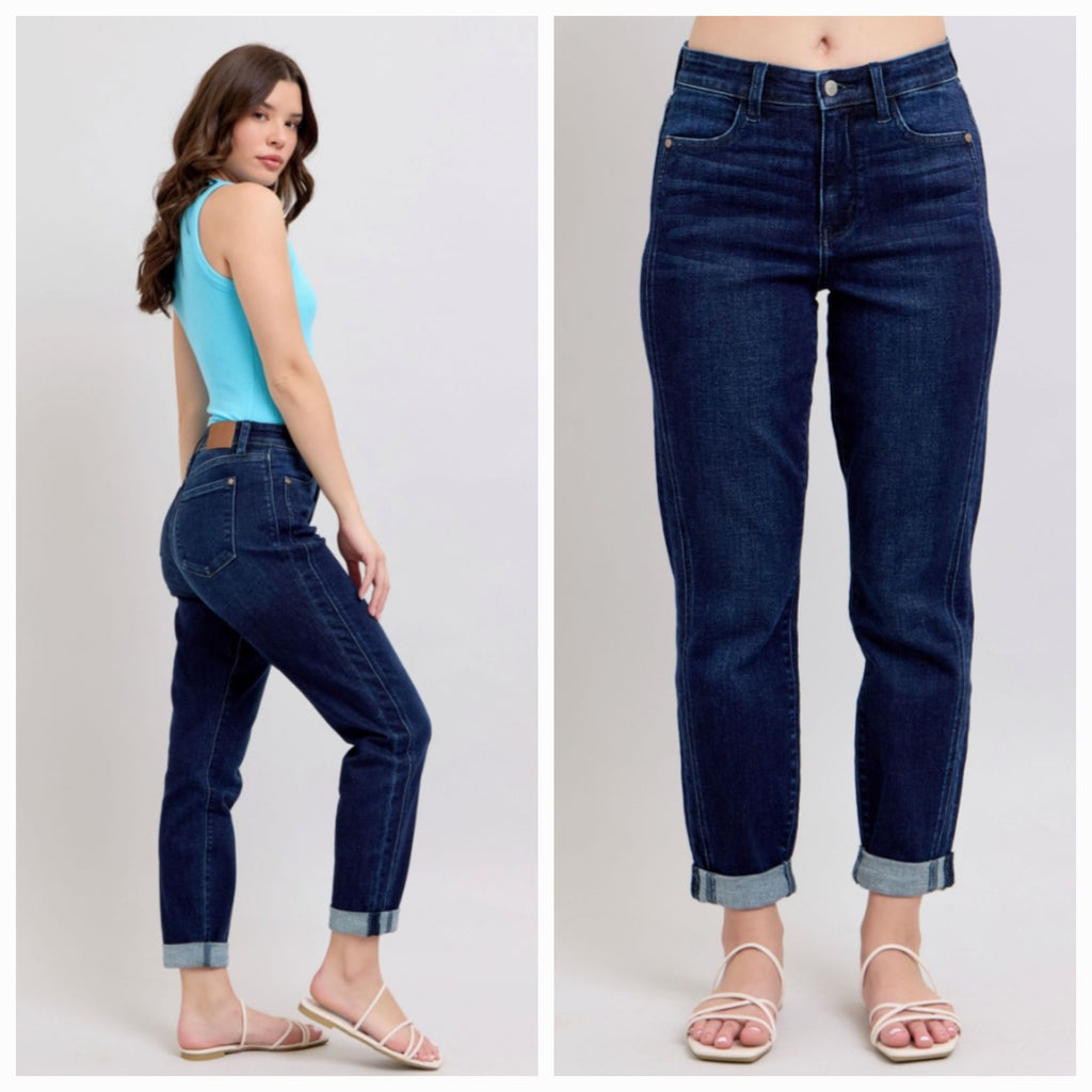 Judy Blue Mid-Rise Side Panel Boyfriend Dark Wash