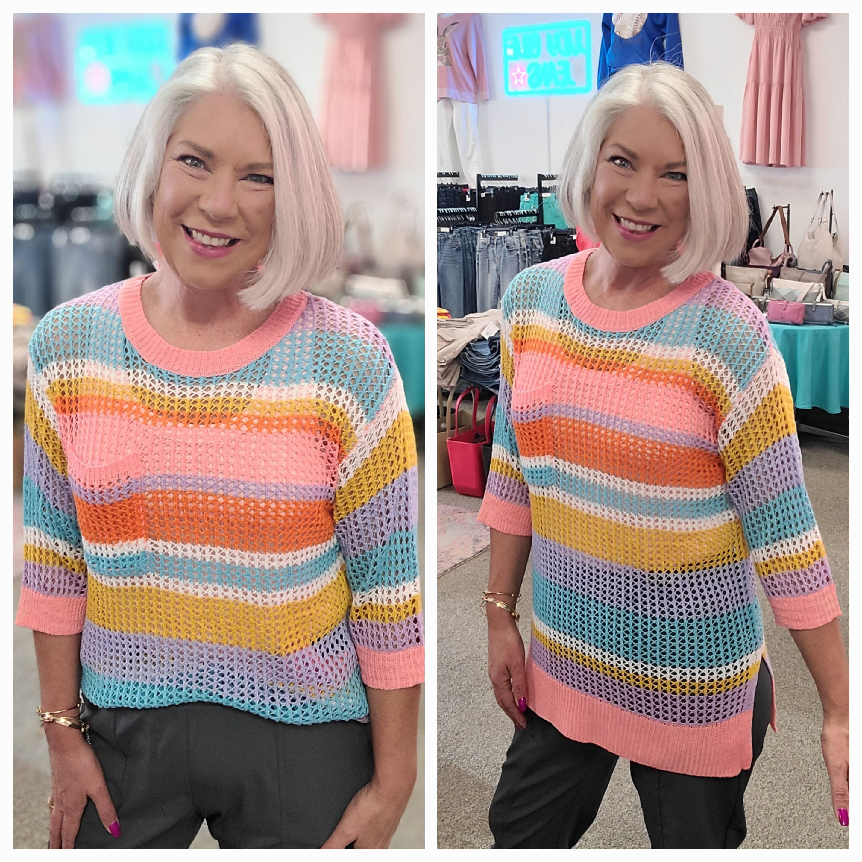 Spring Stripe Mesh Crochet Sweater