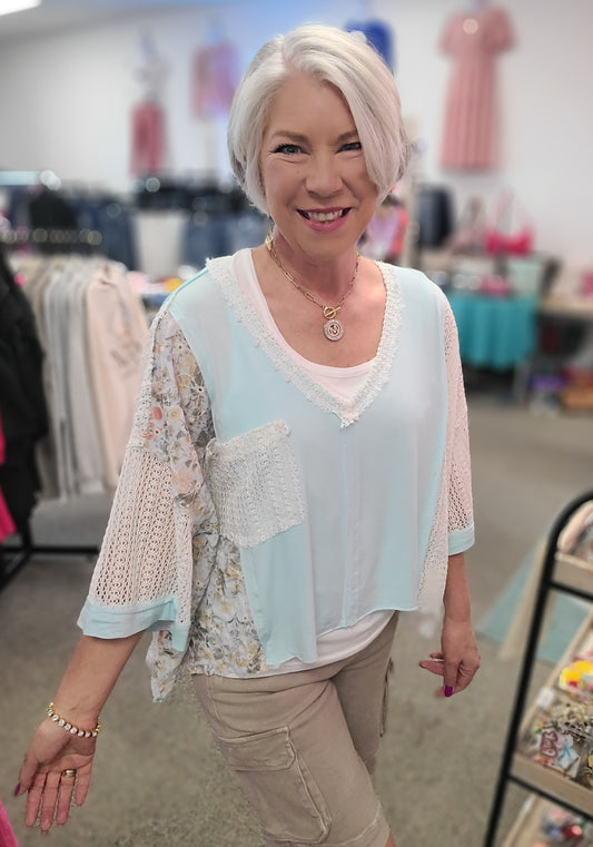 POL Crochet Floral Top Baby Blue