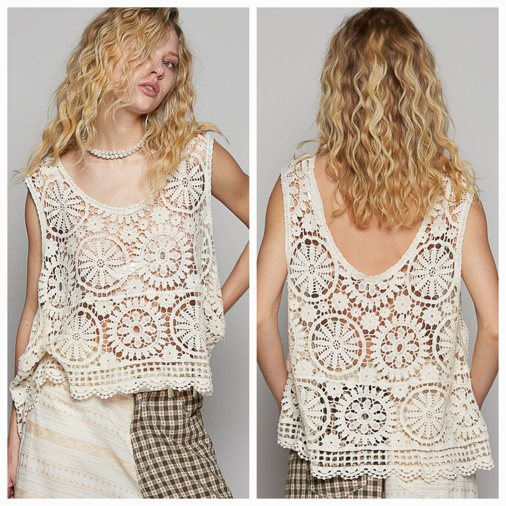 POL Medallion Crochet Tank Natural