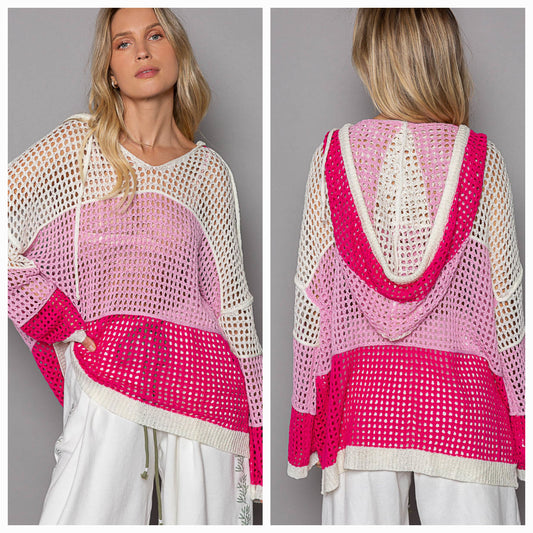 POL Mesh Crochet Colorblock Hoodie Pink