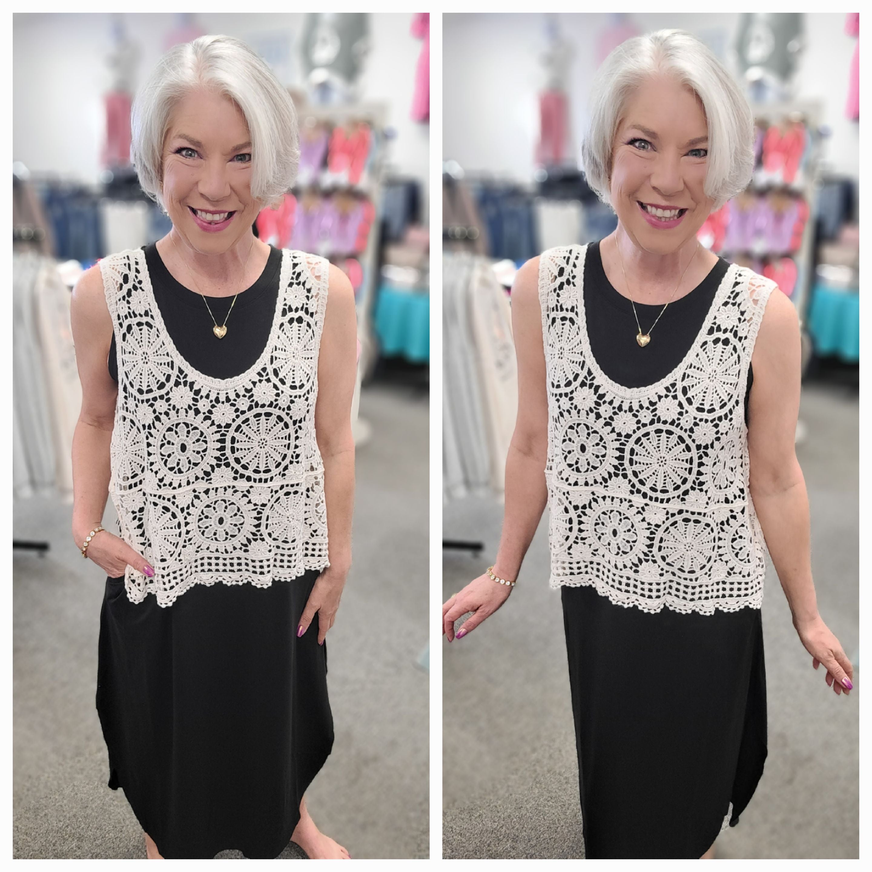 POL Medallion Crochet Tank Natural