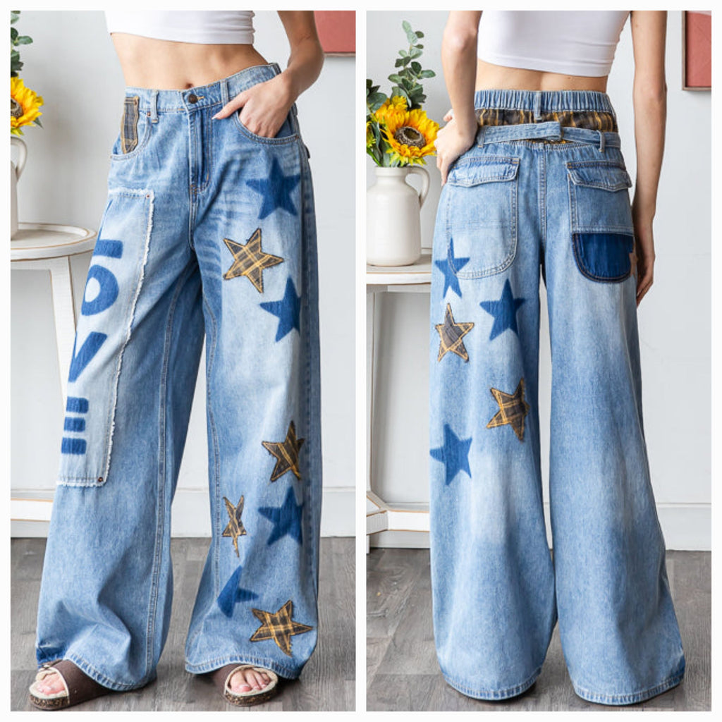 Oli & Hali Washed Star Love Patchwork Jeans