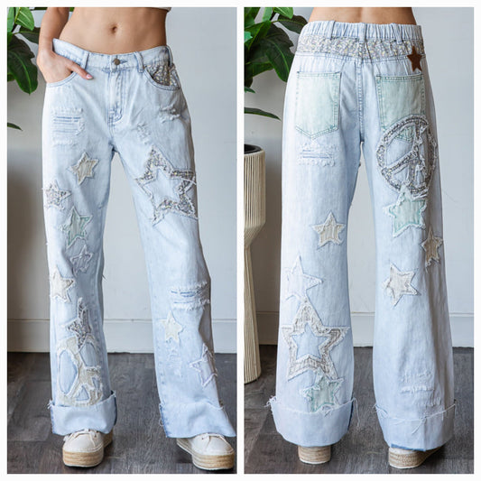 Oli & Hali Lightwash Peace Patchwork Jeans