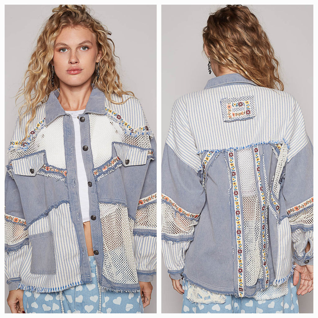 POL Stripe Patchwork Fall Jacket Blue