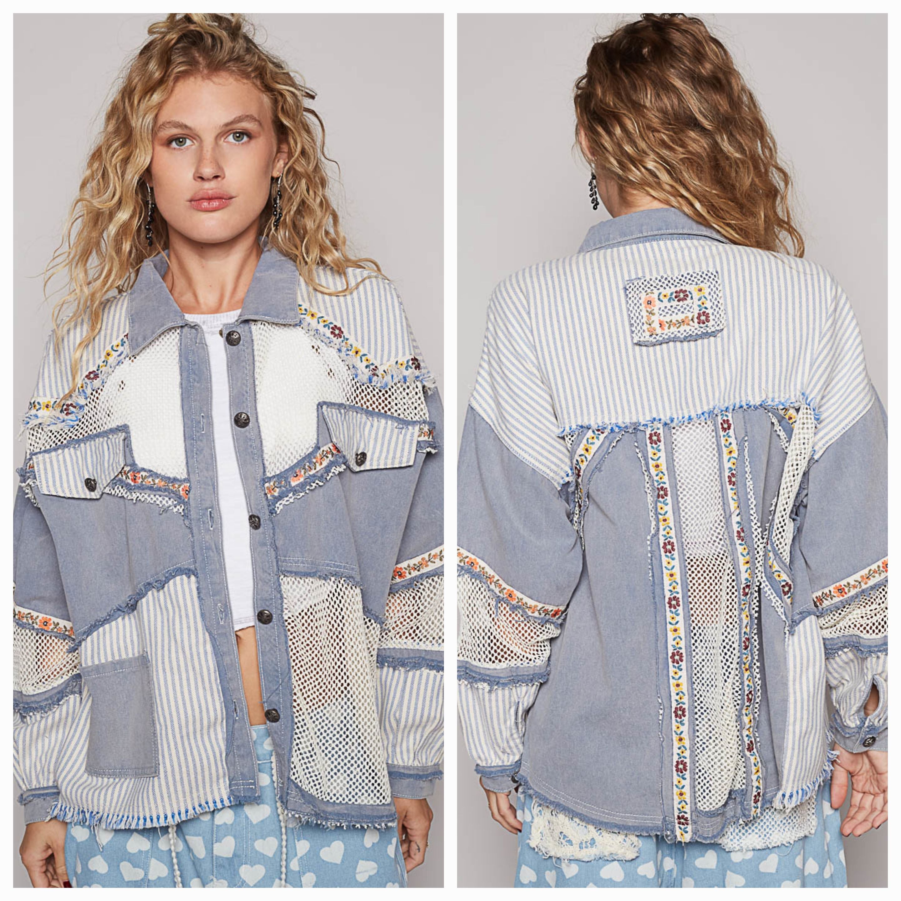 POL Stripe Patchwork Fall Jacket Blue