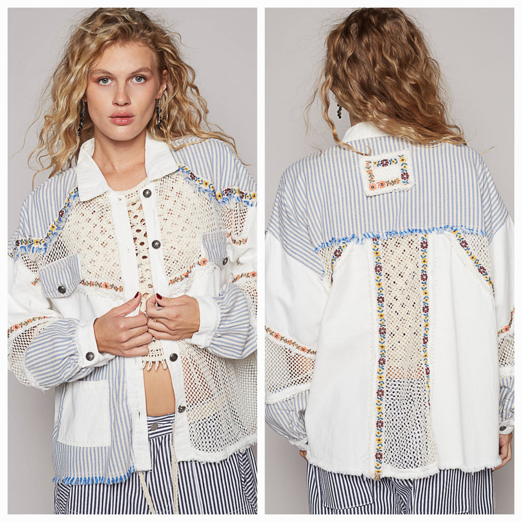 POL Stripe Patchwork Fall Jacket White