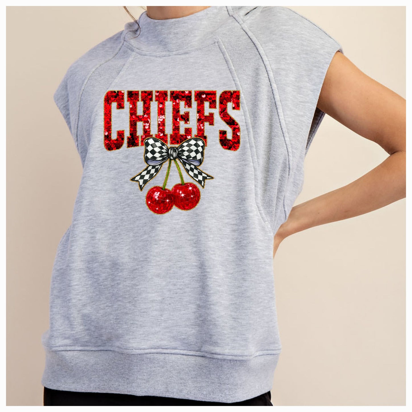 Faux Sequin Chiefs French Terry Sleeveless Hoodie