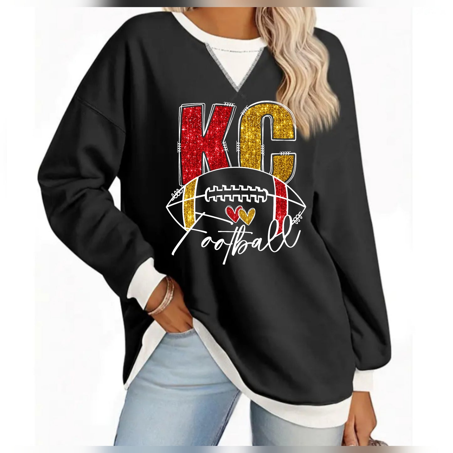 KC Faux Glitter Black/White French Terry Pullover