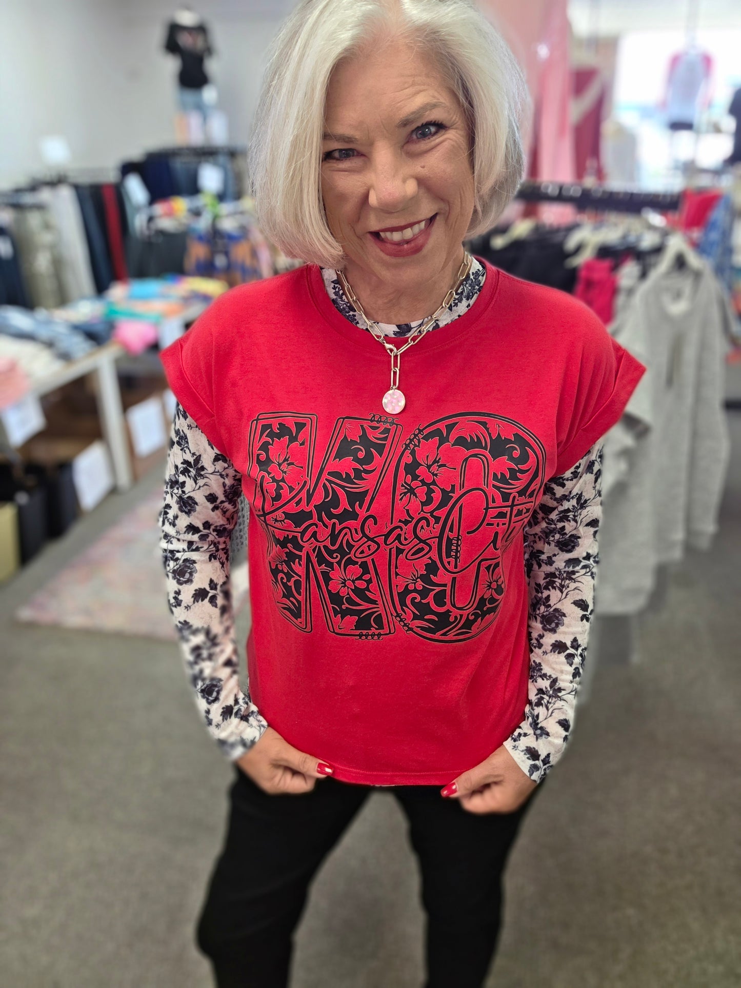 Red Rolled Sleeve Floral KC Tee