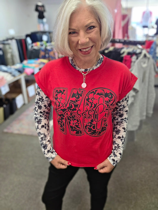 Red Rolled Sleeve Floral KC Tee