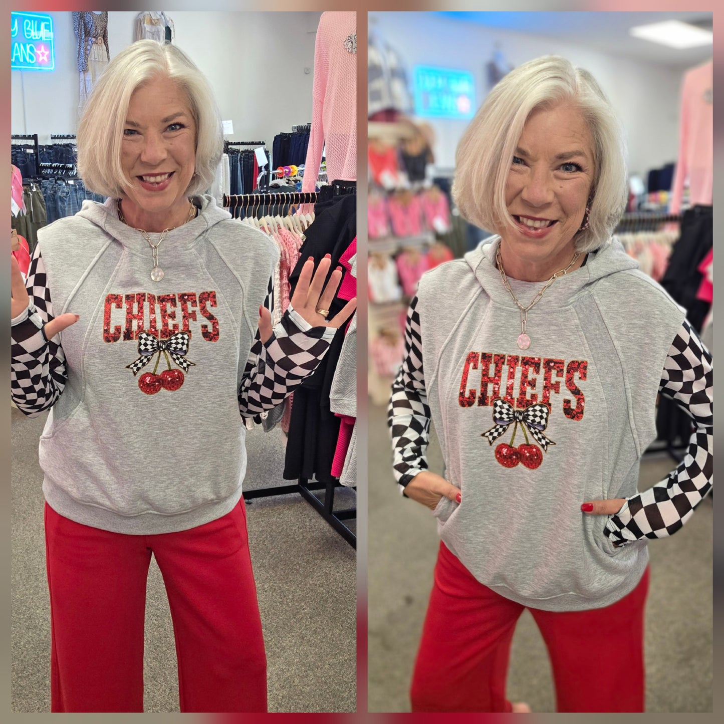 Faux Sequin Chiefs French Terry Sleeveless Hoodie