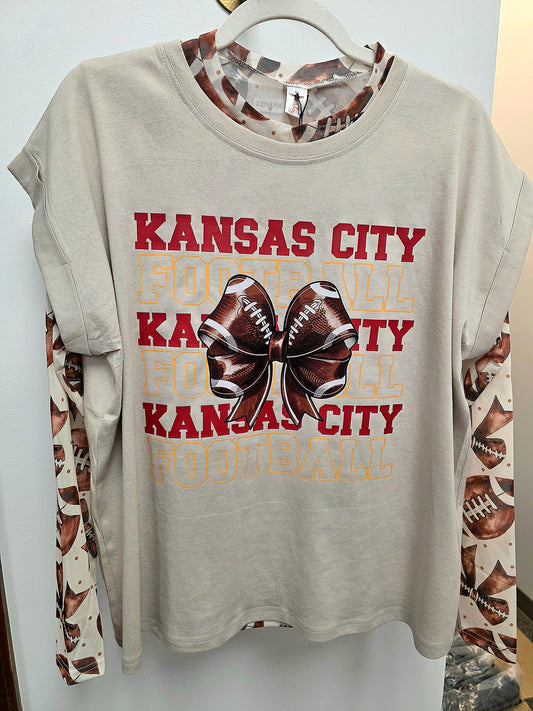 KC Football Bow Tee Rolled Sleeve
