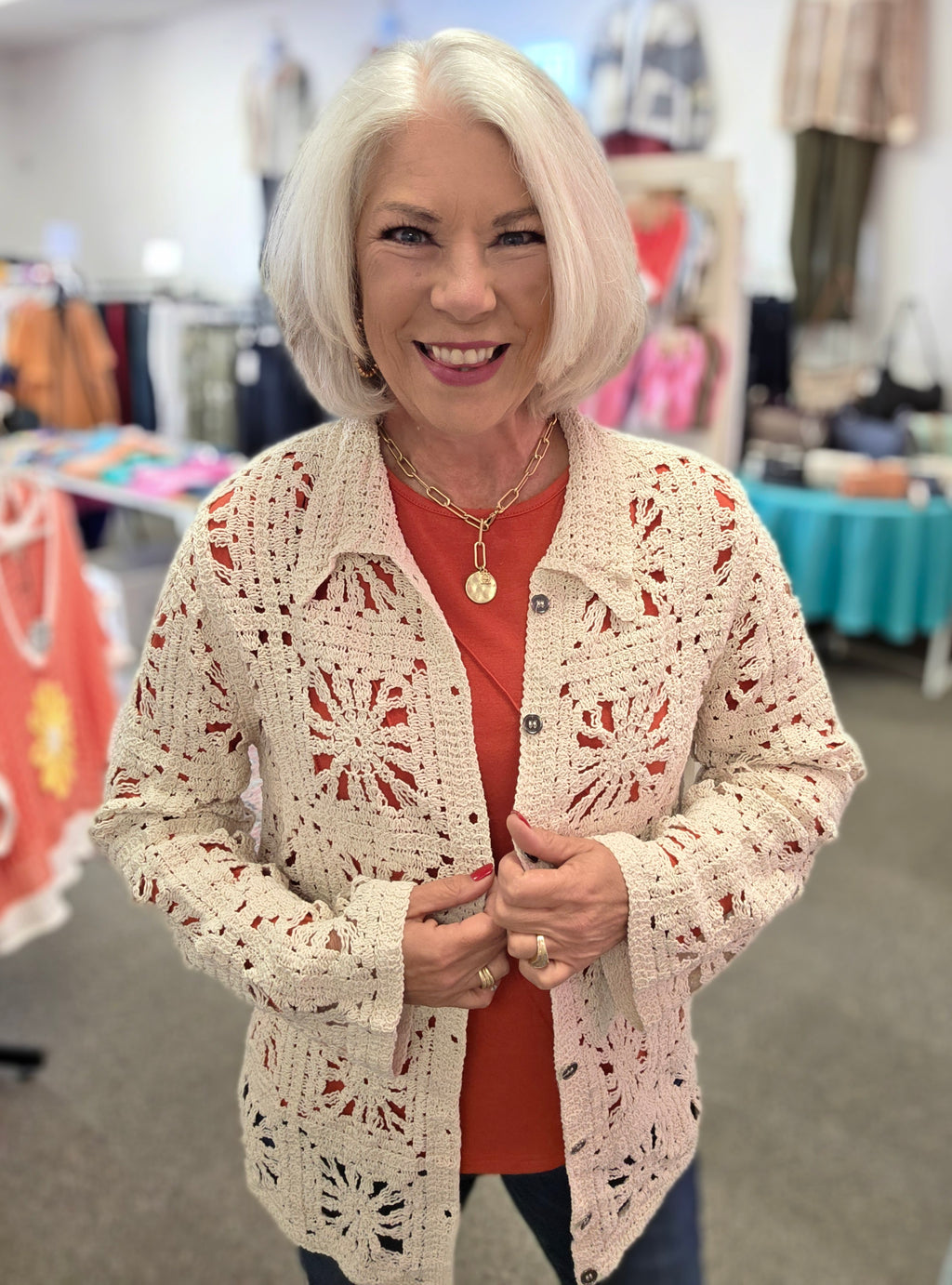 POL Button Crochet Jacket Natural