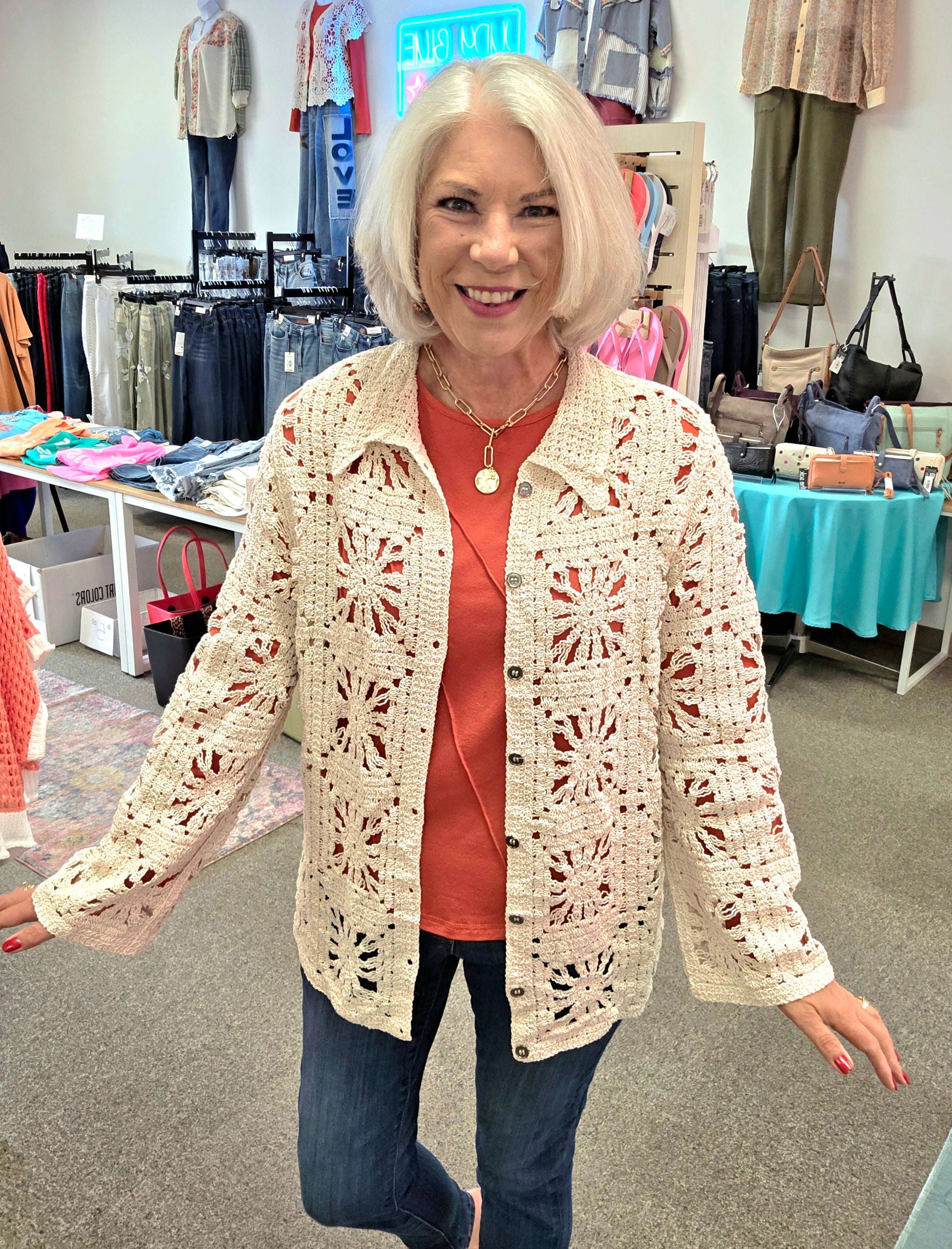 POL Button Crochet Jacket Natural