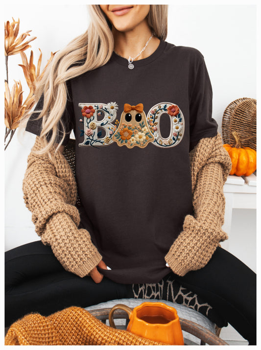 Bella Canvas Faux Embroidered BOO SS Tee Dk Brown