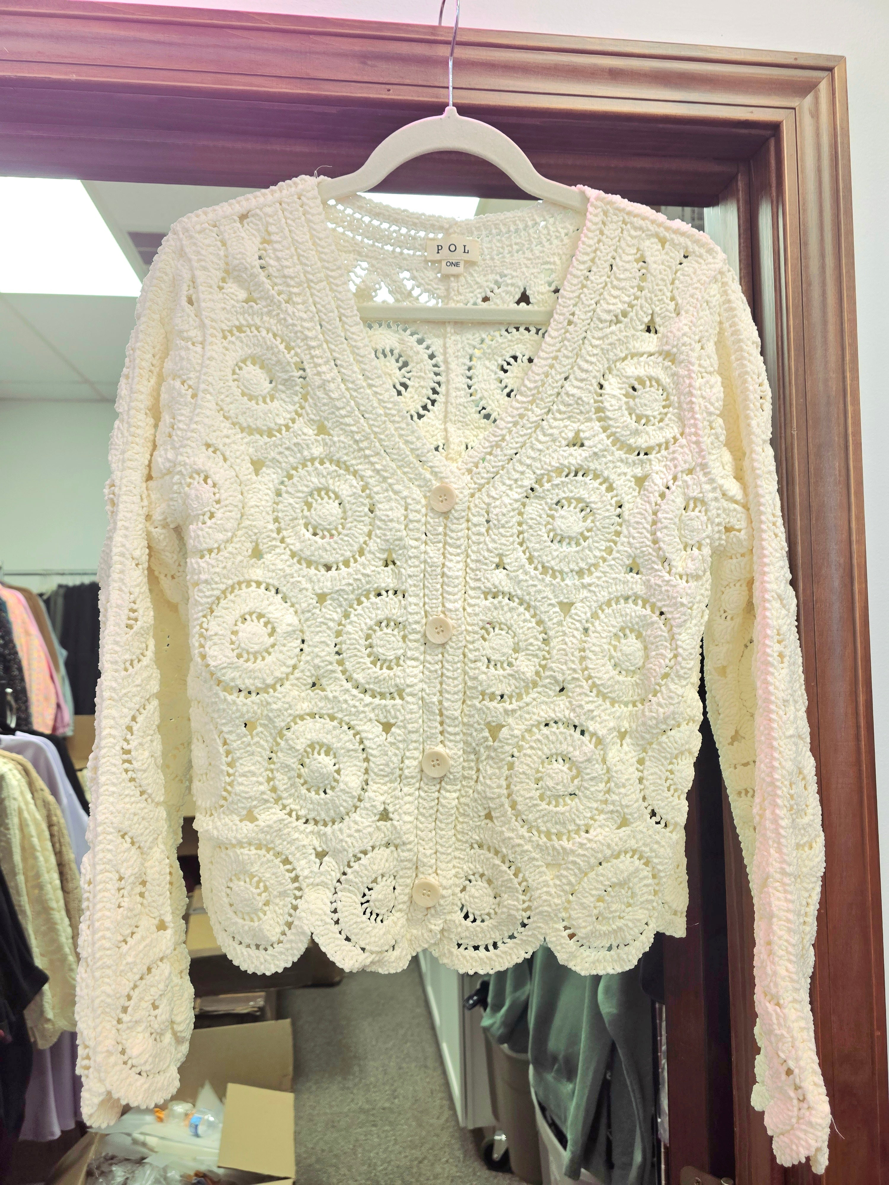 POL Chenille Crochet Cardigan Ivory One Size