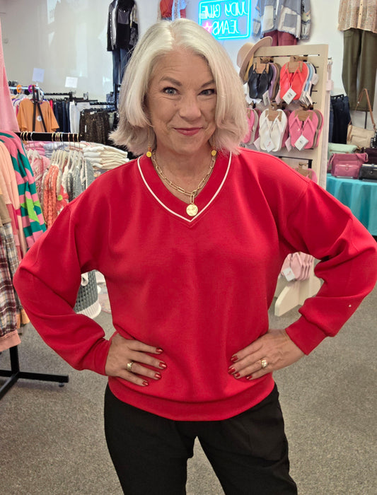 Rae Mode Contrast V-Neck Scuba Pullover Red