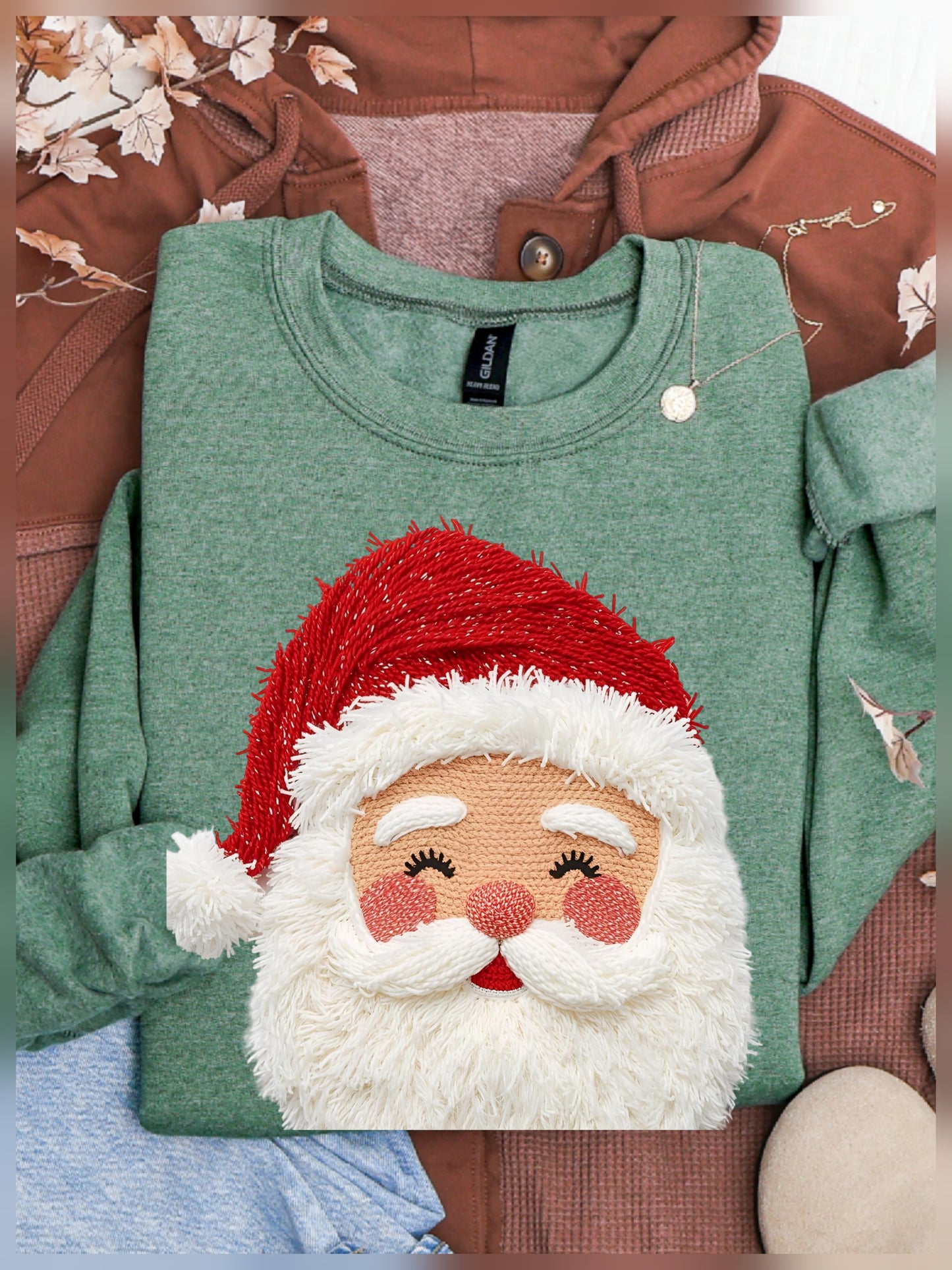 Faux Yarn Santa CC Lt Green Tee or Sweatshirt