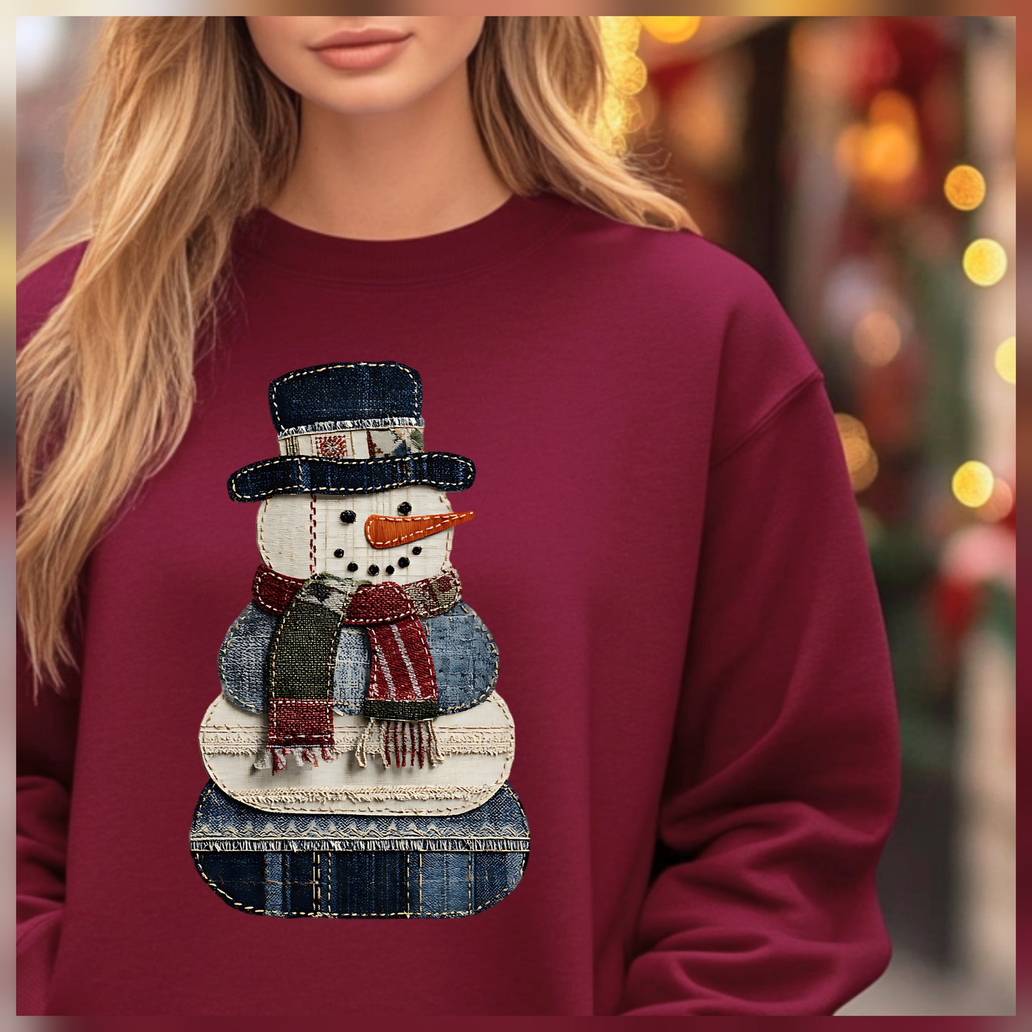 Patchwork Snowman Maroon Bella Canvas Tee or Sweatshirt *PREORDER*