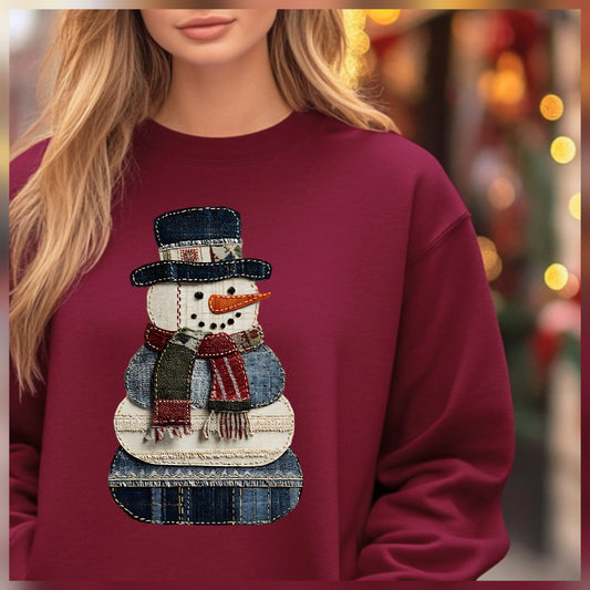 Patchwork Snowman Maroon Bella Canvas Tee or Sweatshirt *PREORDER*
