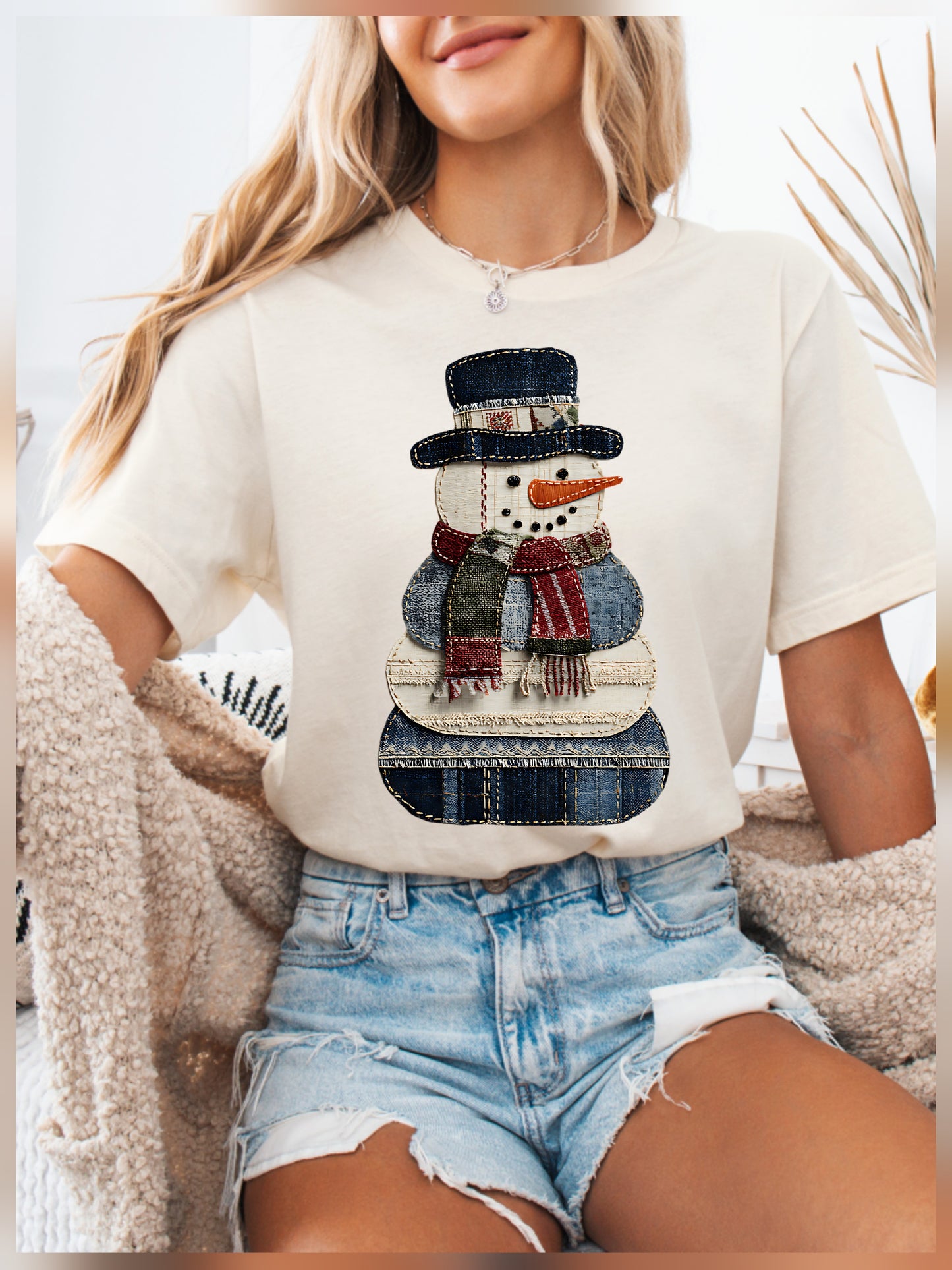 Patchwork Snowman Natural/Sand Bella Canvas Tee or Sweatshirt *PREORDER*