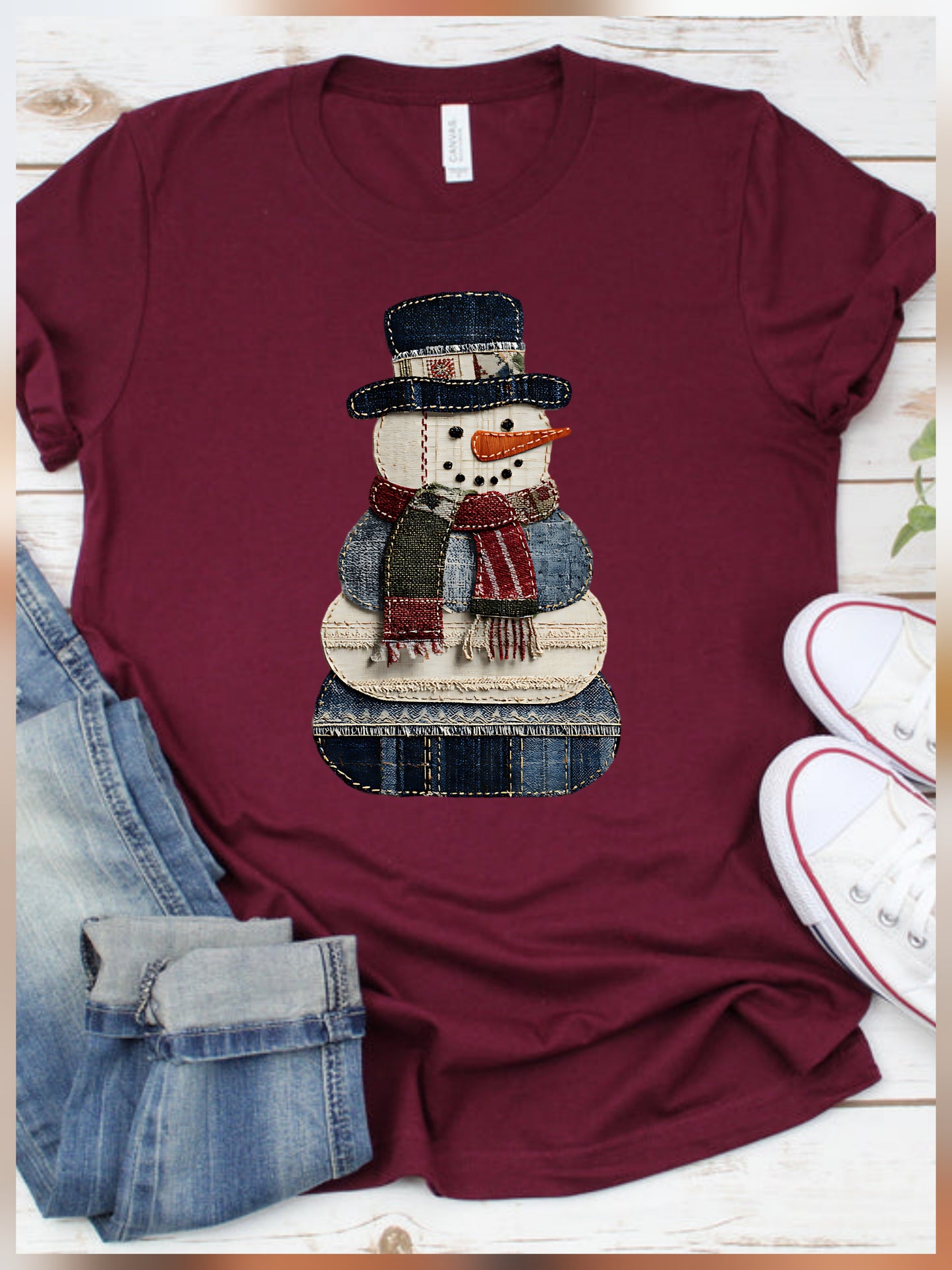 Patchwork Snowman Maroon Bella Canvas Tee or Sweatshirt *PREORDER*