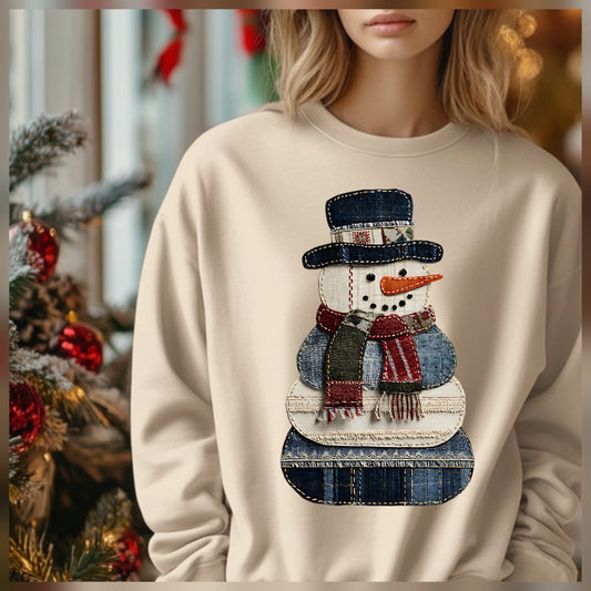 Patchwork Snowman Natural/Sand Bella Canvas Tee or Sweatshirt *PREORDER*