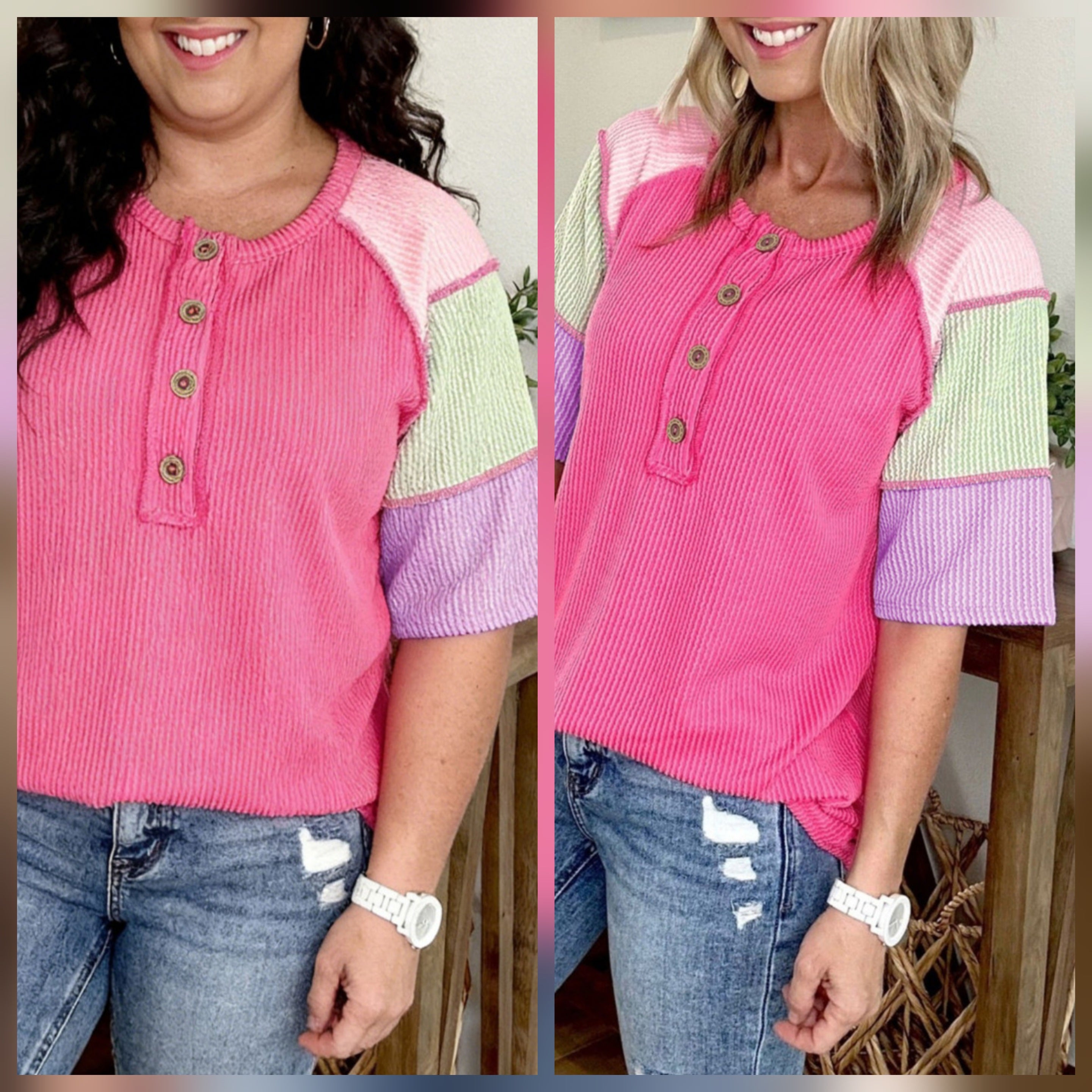 Raised Ribbed Button Neck Spring Sleeve Top