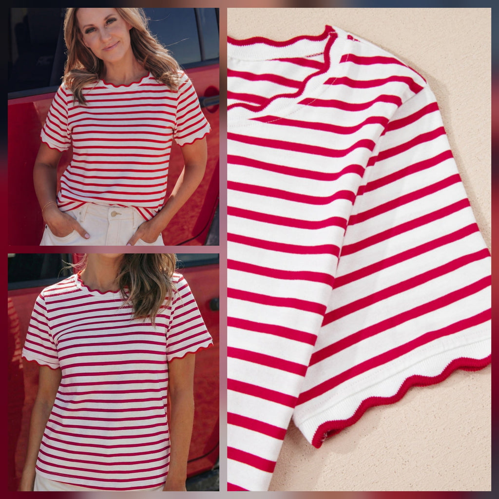 Red Stripe Scalloped Edge Top