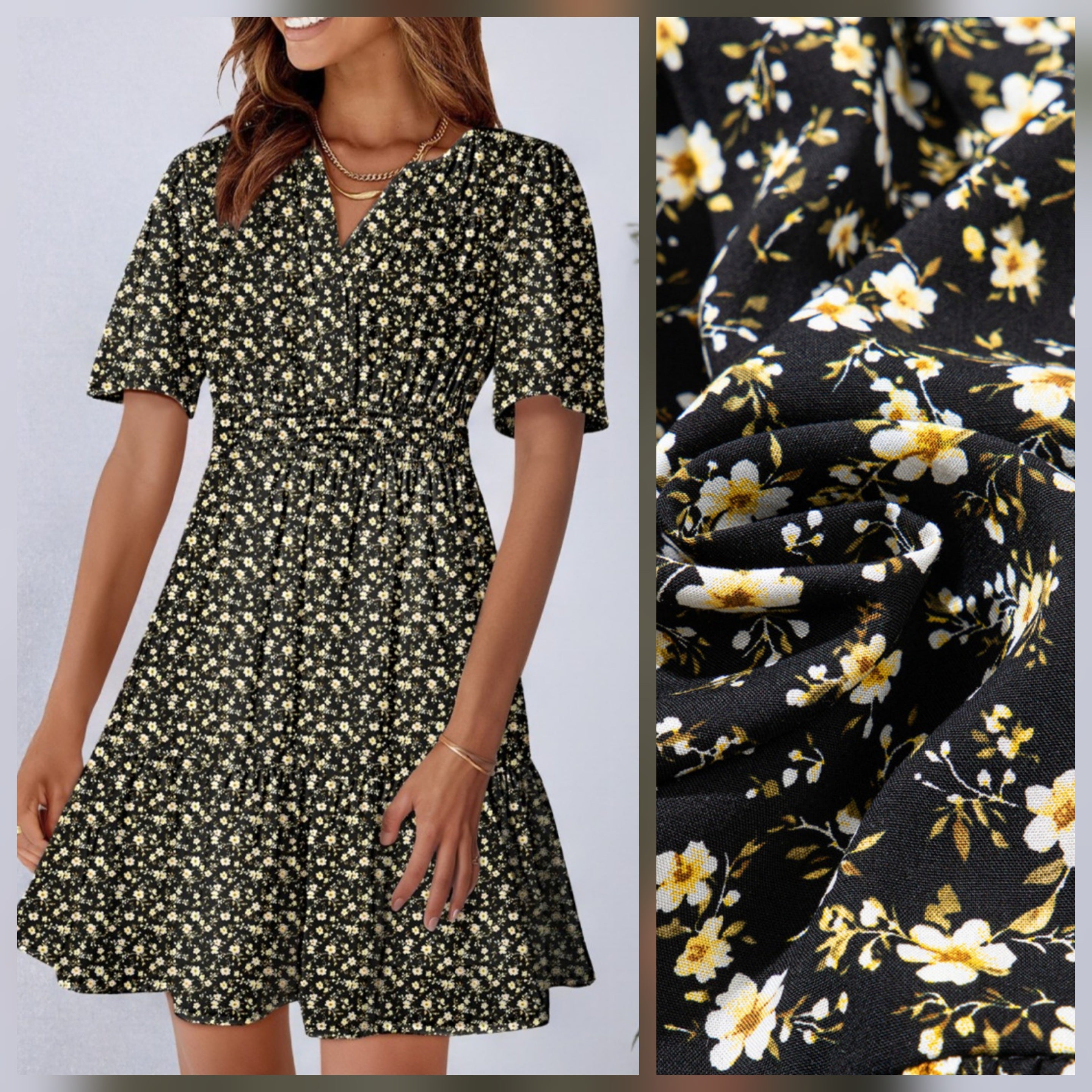 Floral Smocked Waist Dress Black