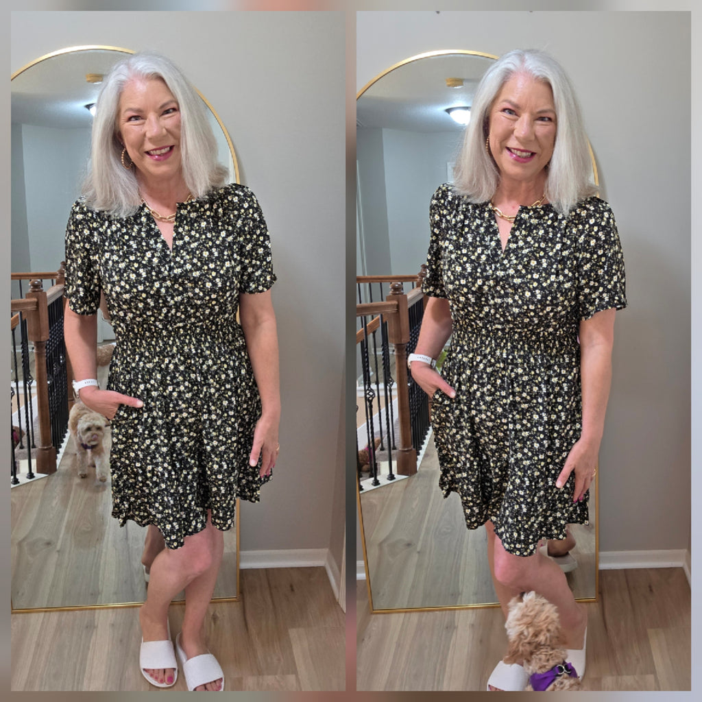 Floral Smocked Waist Dress Black