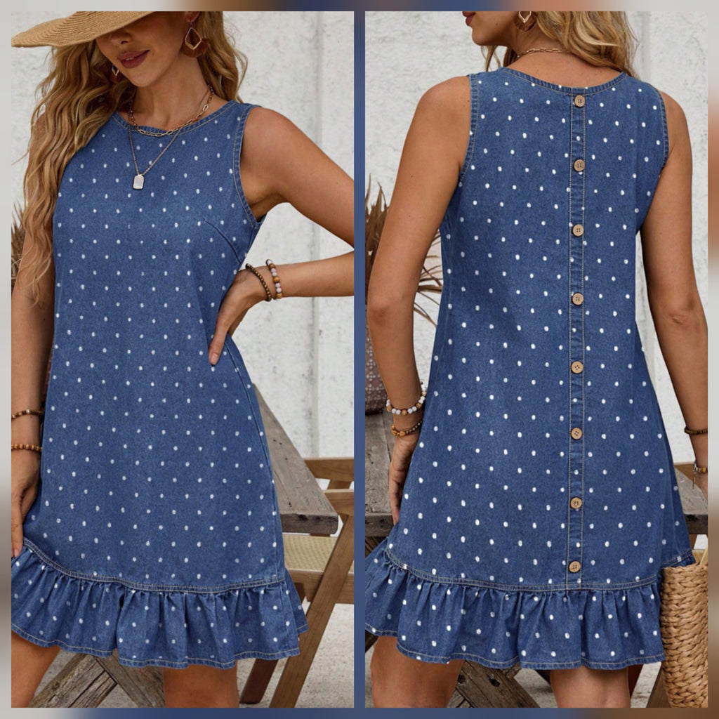 Polka Dot Denim Sleeveless Dress