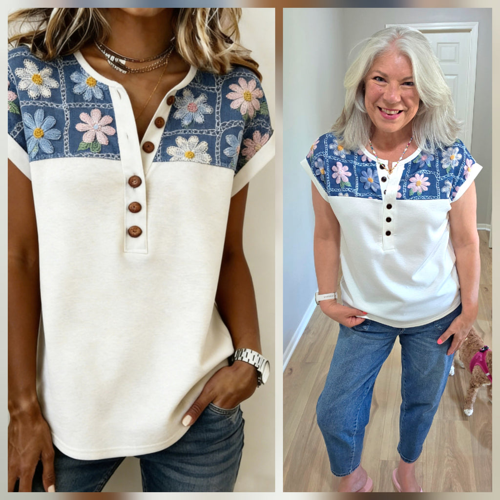 Floral Print Contrast Beige French Terry Button Top