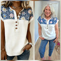 Floral Print Contrast Beige French Terry Button Top